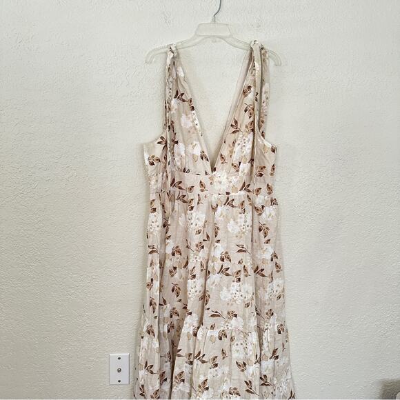 House of Harlow Linen Deep V Tiered Floral Dress In Tan XL - Picture 3 of 6
